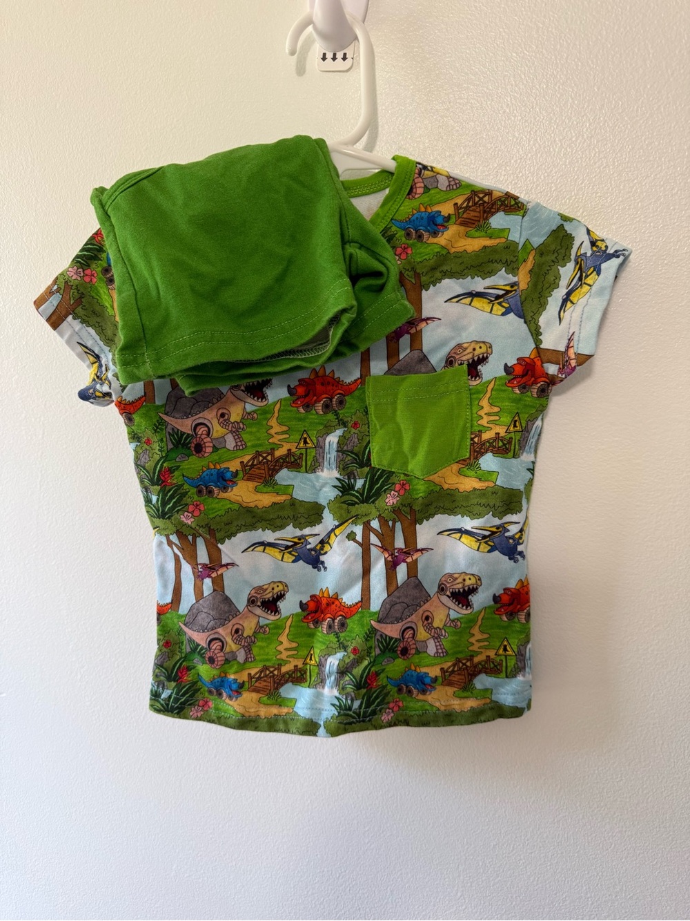 Feral and Free Bamboo Light Blue Dino Print Tee with Green Pocket